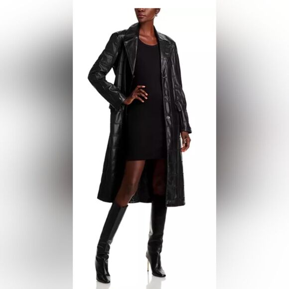 New Bagatelle Faux buttery soft patch black Leather belted Long Trench Coat Sz M - Picture 7 of 16
